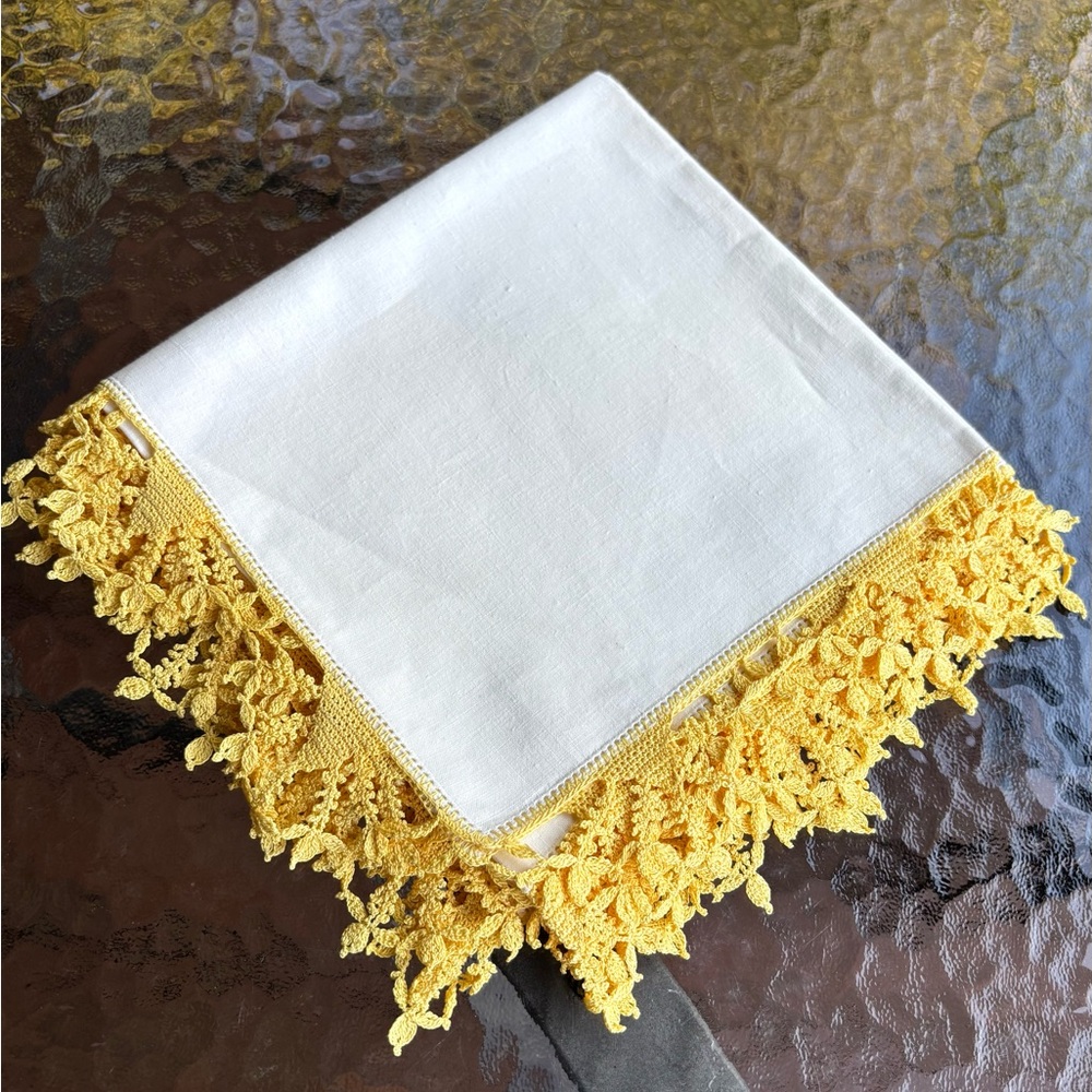 Vintage hand crocheted tablecloth, cream and lace, yellow tatted table cloth